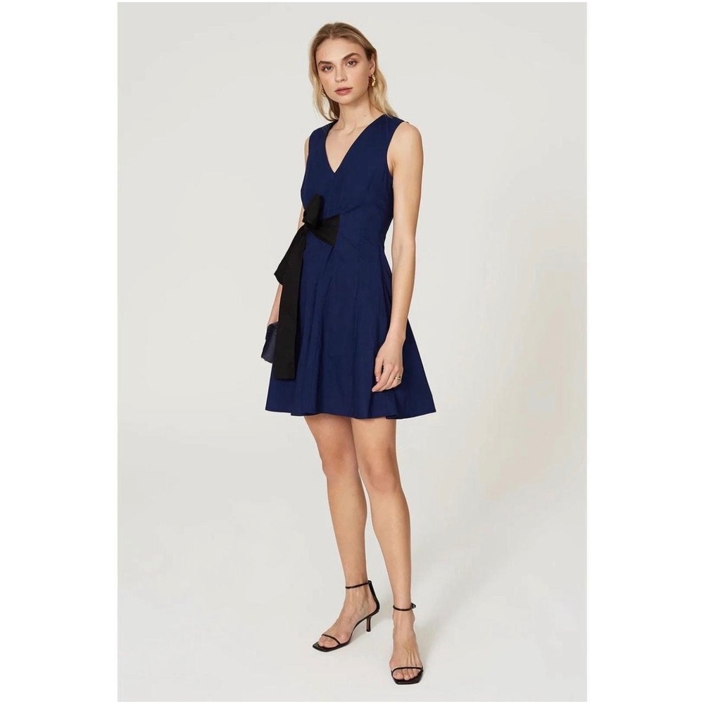 Thakoon Collective Navy Fit &‎ Flare Cotton Dress Black Wrap Sash Size 0